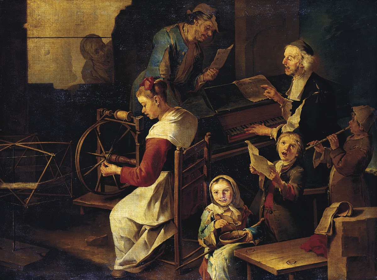 Domestic Scene with Musicians and Woman Spinning ca 1720  1730