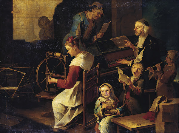 Domestic Scene with Musicians and Woman Spinning ca 1720  1730