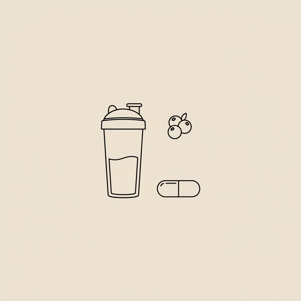Minimal vector line illustration of a shaker bottle, small cluster of berries and a capsule on beige background for weight loss shakes