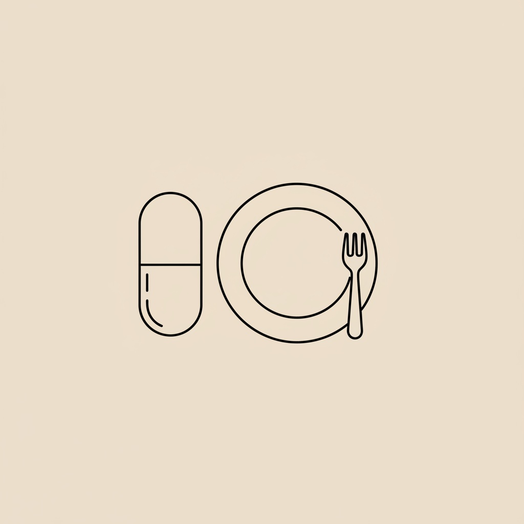 Minimalist Tonum-style line illustration of a capsule beside a simple plate with a small fork on a beige background, representing semaglutide vs phentermine