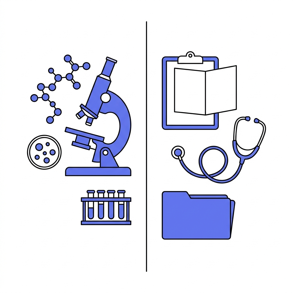 Minimalist split 2D vector of a research lab and a clinical consultation desk with a blank prescribing leaflet and stethoscope in Peptide World colors focusing on peptides