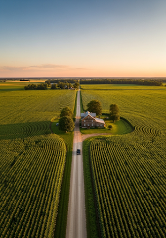 Aerial View of Farmhouse in Cornfield at Sunset
