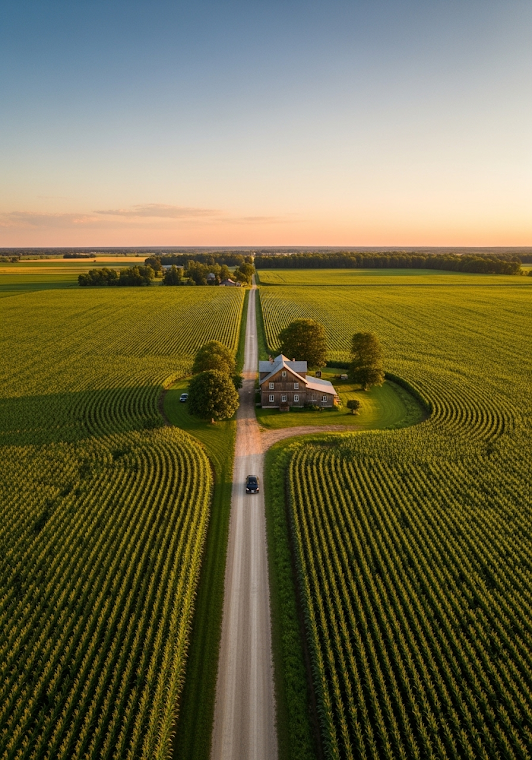 Aerial View of Farmhouse in Cornfield at Sunset
