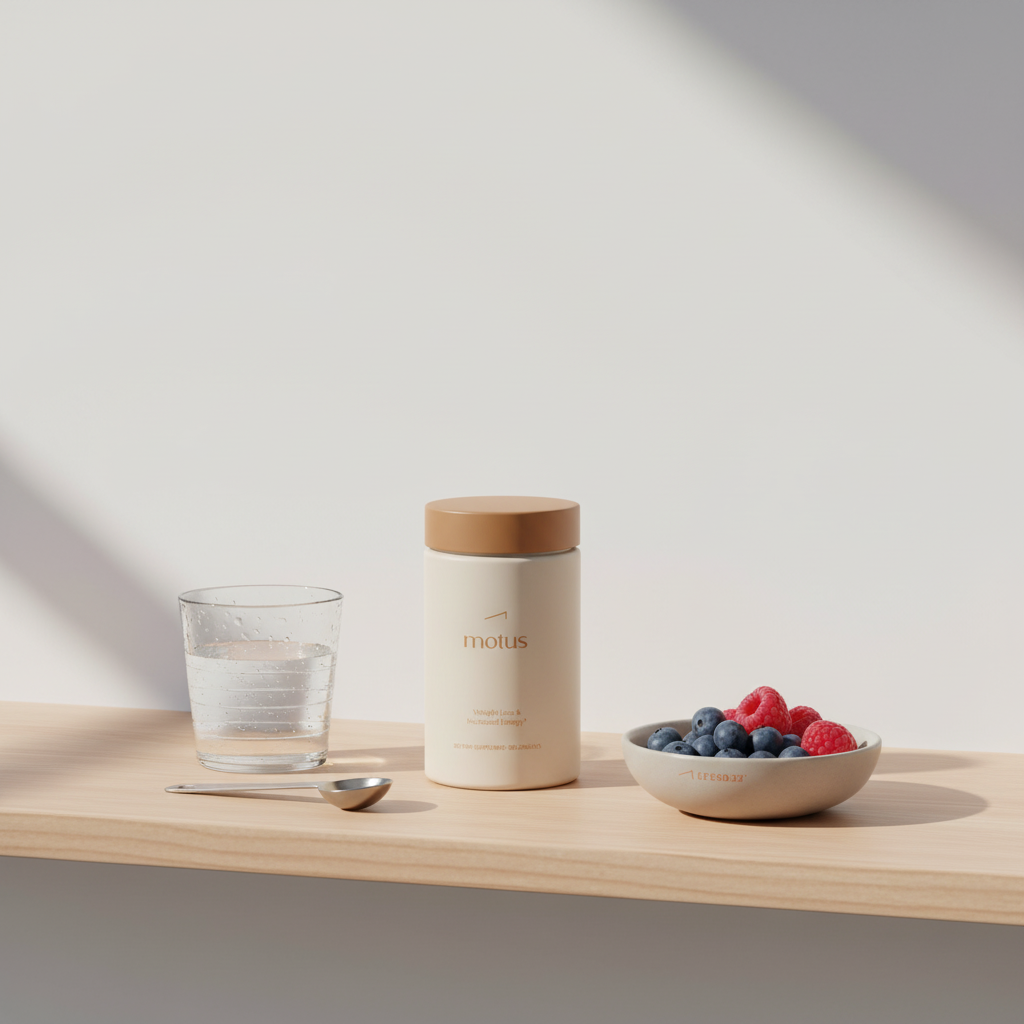 Motus supplement jar on wooden shelf with glass of water, measuring spoon and bowl of berries in minimalist Tonum palette — best whey protein for muscle gain