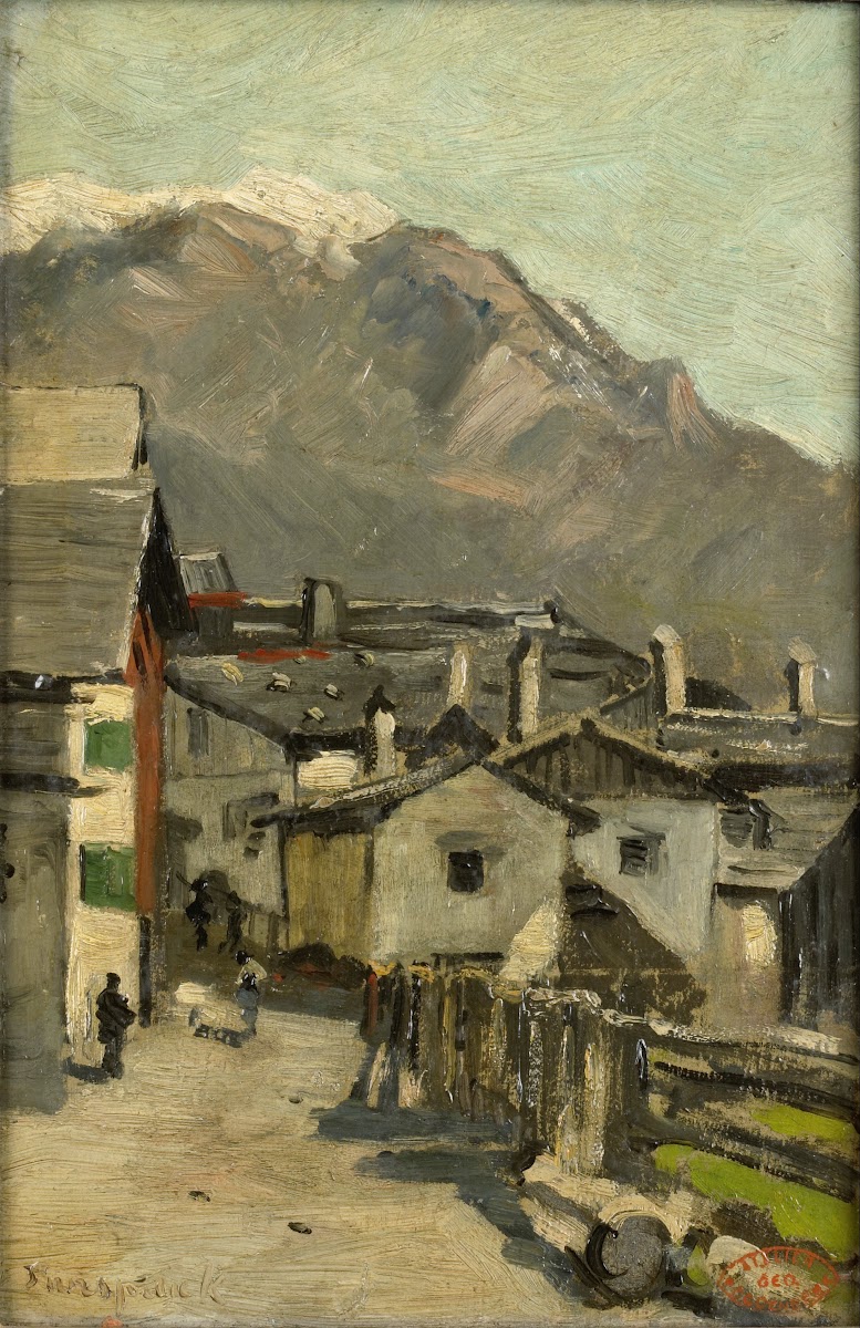 Houses along a road near a mountain c 1882