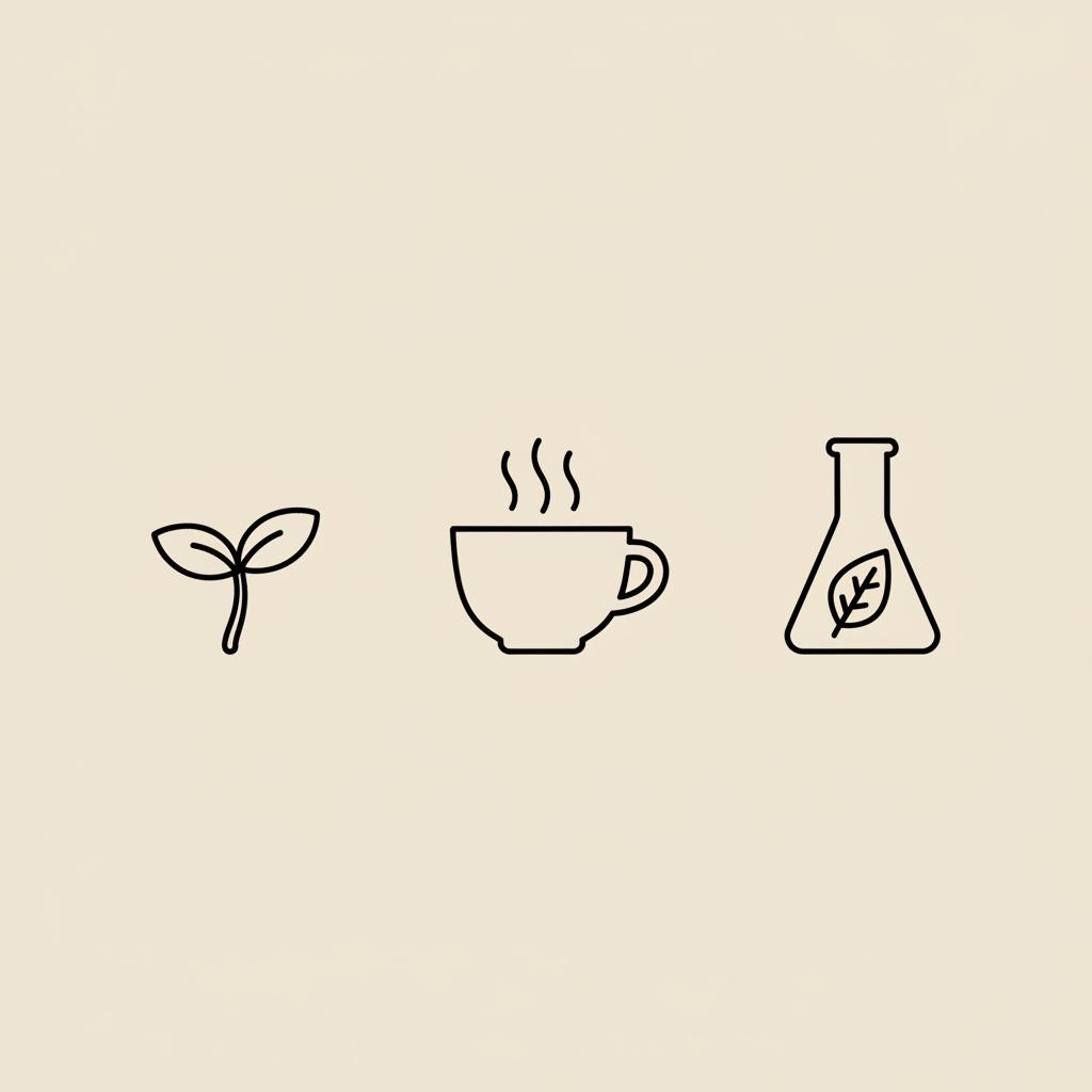 Minimal Tonum-style line illustration of a broccoli sprout, teacup, and lab flask with leaf on beige background #F2E5D5 — foods that activate AMPK