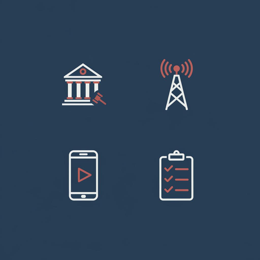 Minimal 2D vector infographic showing courthouse radio tower smartphone and checklist icons on deep blue background representing freedom of speech examples