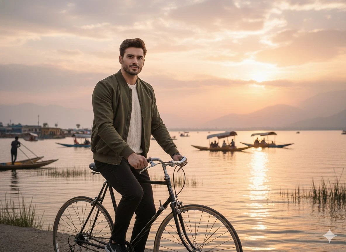 Una fotografía cinematográfica realista de un hombre apuesto montando en bicicleta a lo largo de la orilla del lago Dal al atardecer...