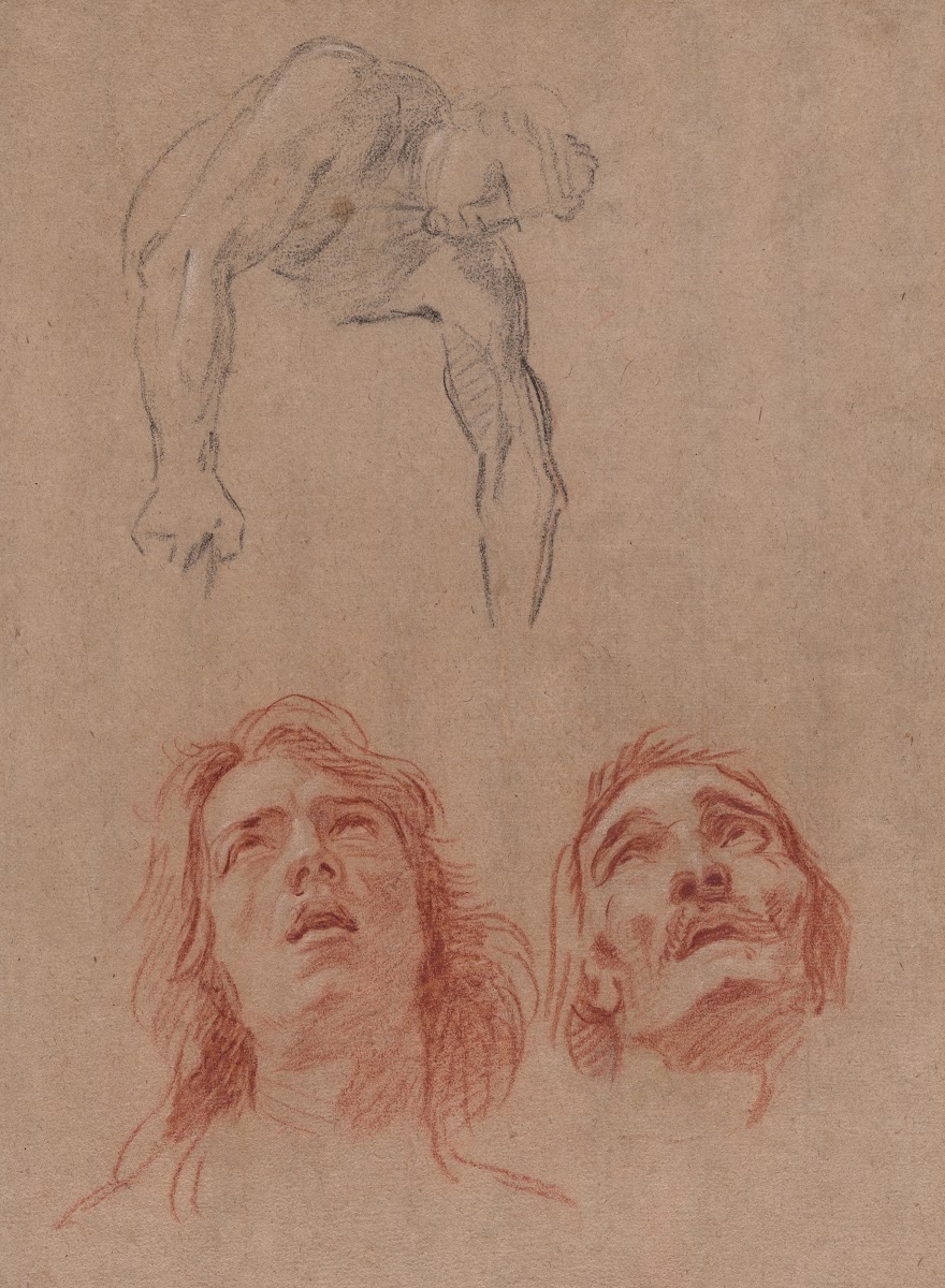 Man Reaching Down and Two Studies of Heads recto before 1698