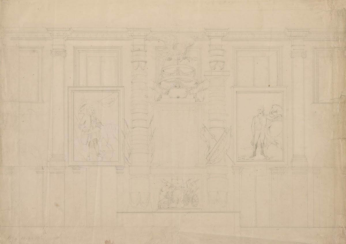 Interior wall with architectural ornaments of the US Capitol building with portr
