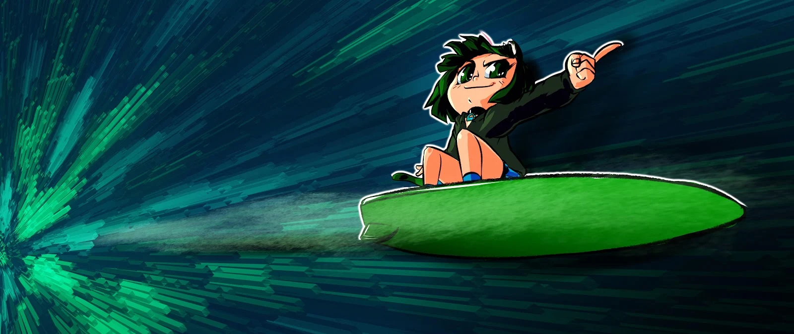 Anime Surfer in Digital Tunnel - Digital Illustration 4K Wallpaper (5120x2160)