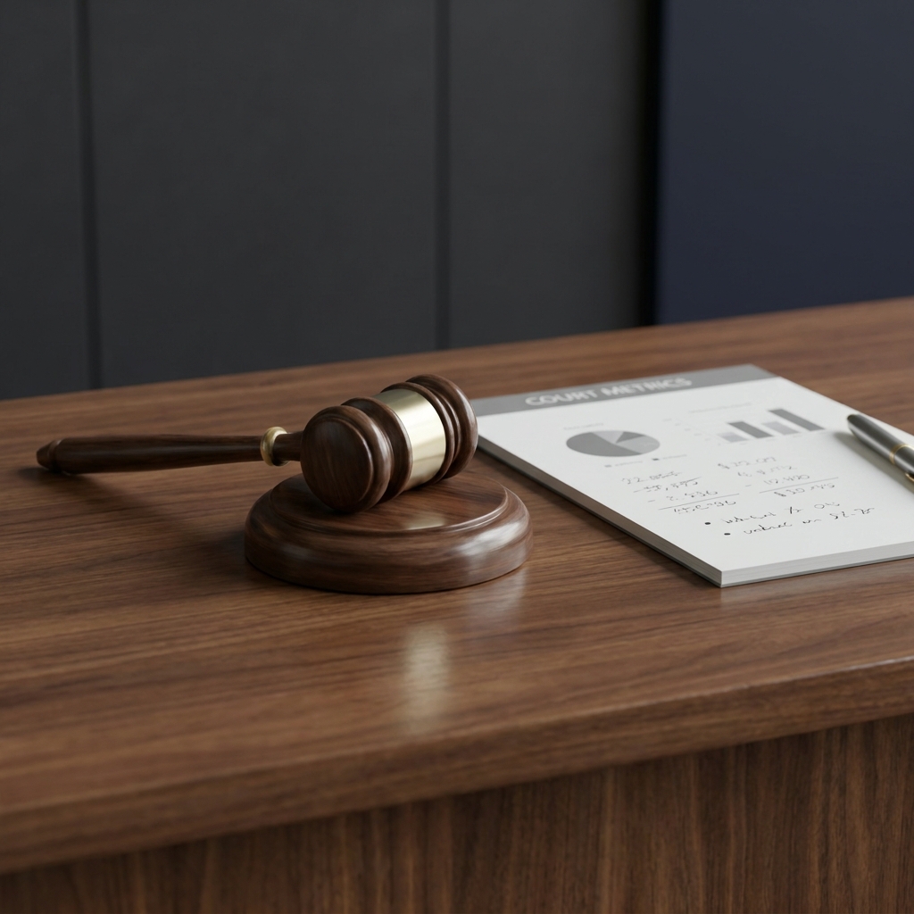 Close up of judge bench with gavel and notepad showing venue metrics illustrating How Judges and Location Can Affect Decisions in courtroom context