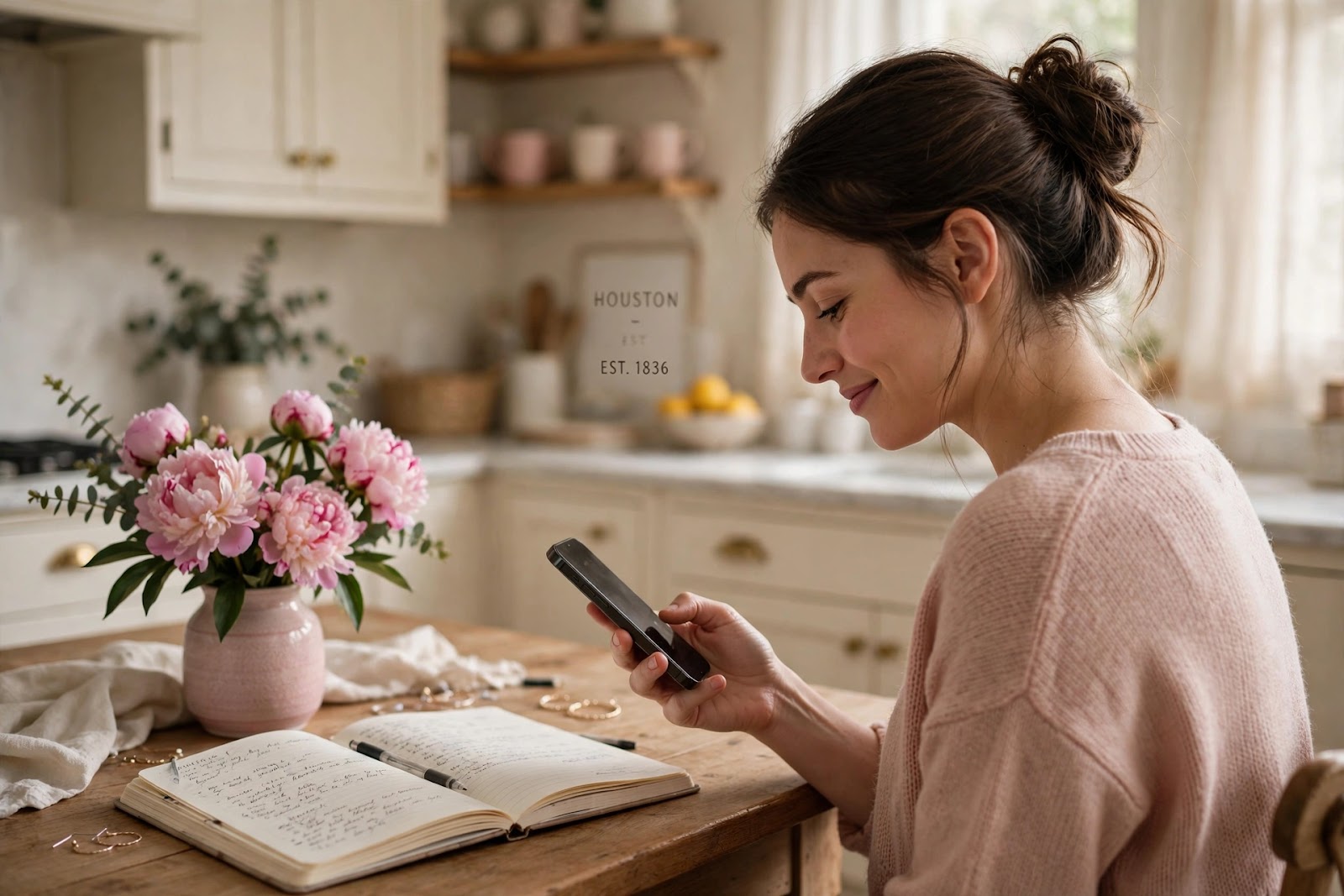 A woman at her kitchen table in the morning, journal open, smiling at her phone