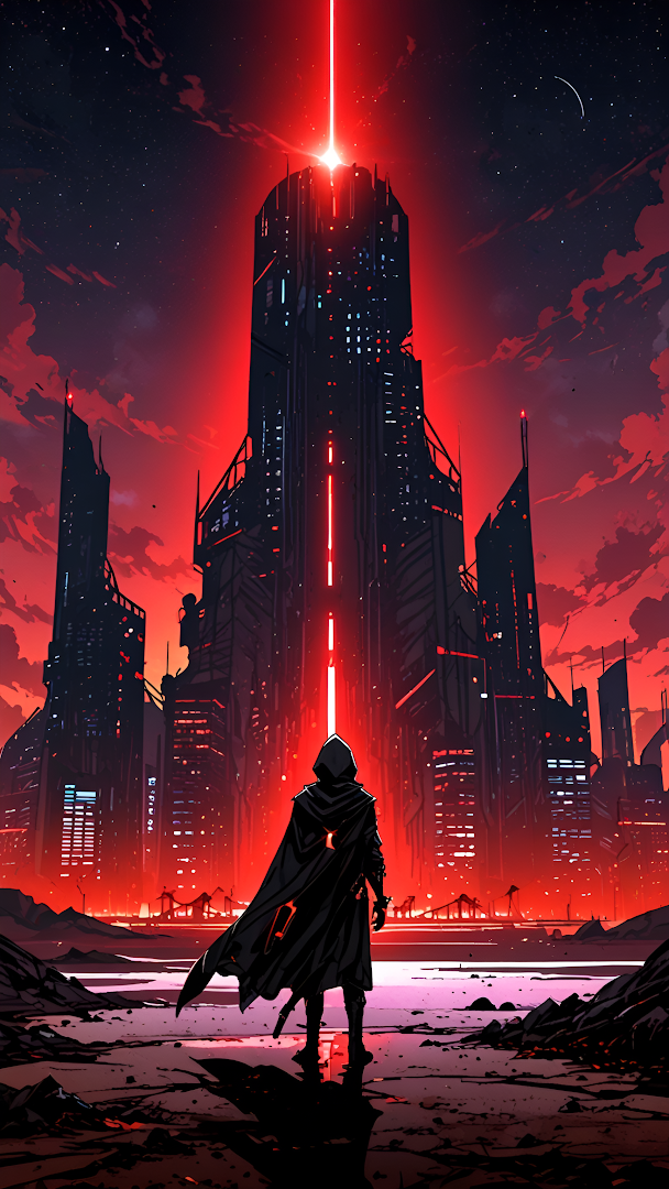 Hooded Figure Before Towering Red-Lit Sci-Fi City