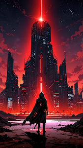 Hooded Figure Before Towering Red-Lit Sci-Fi City