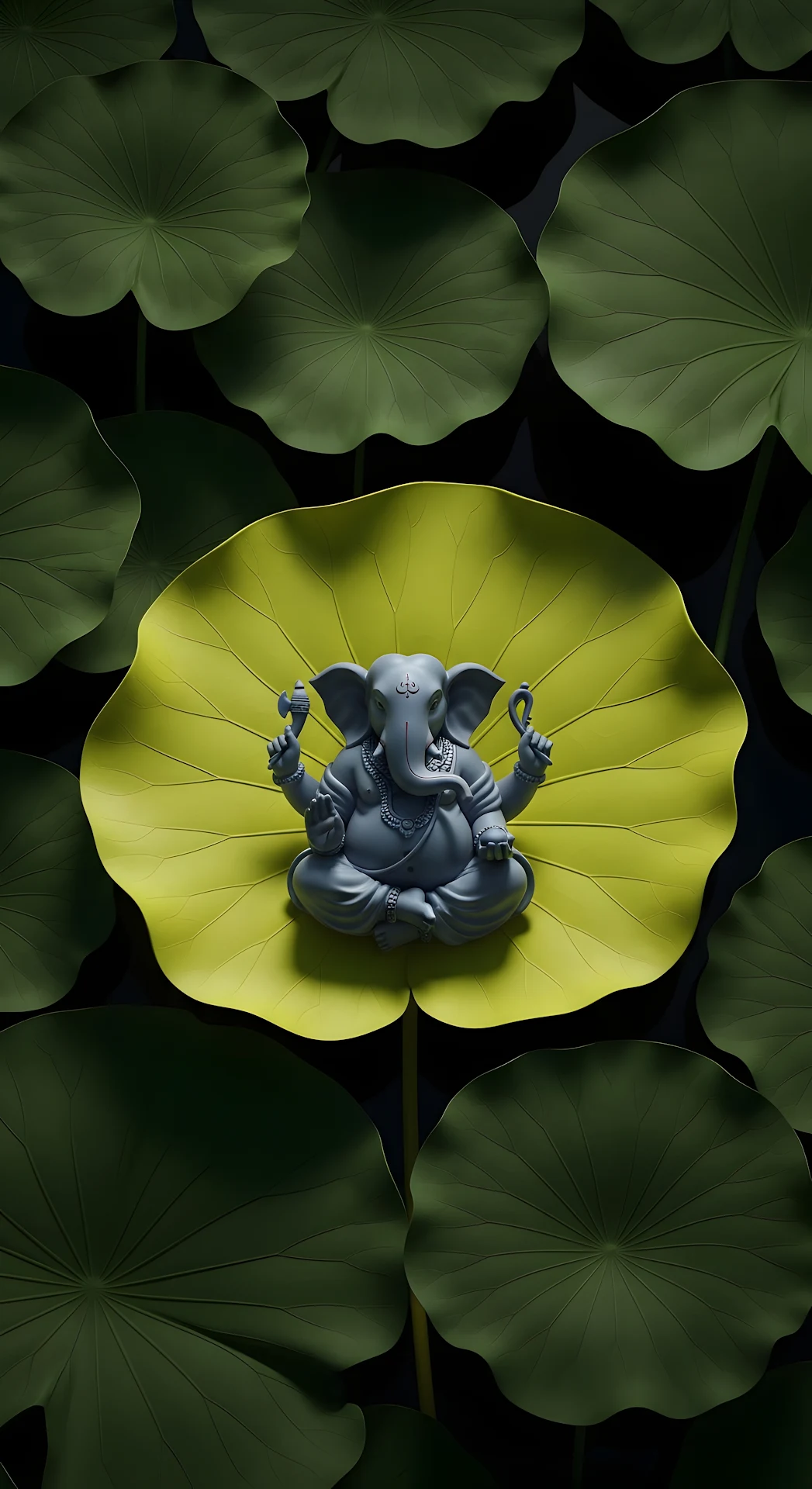Dark Stylized Ganesha Figurine on Bright Yellow Lotus Leaf Sculpture - Free 4K mobile Wallpaper