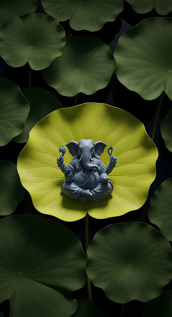 Dark Stylized Ganesha Figurine on Bright Yellow Lotus Leaf Sculpture - Free mobile Wallpaper