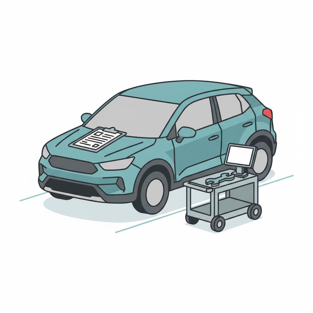Minimalist vector of a compact crossover at an inspection bay with a clipboard vehicle history report on the hood suggesting subaru crosstrek for sale and inspection