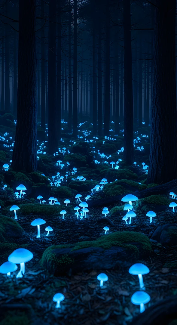 Bioluminescent Blue Mushrooms Glowing in Dark Forest