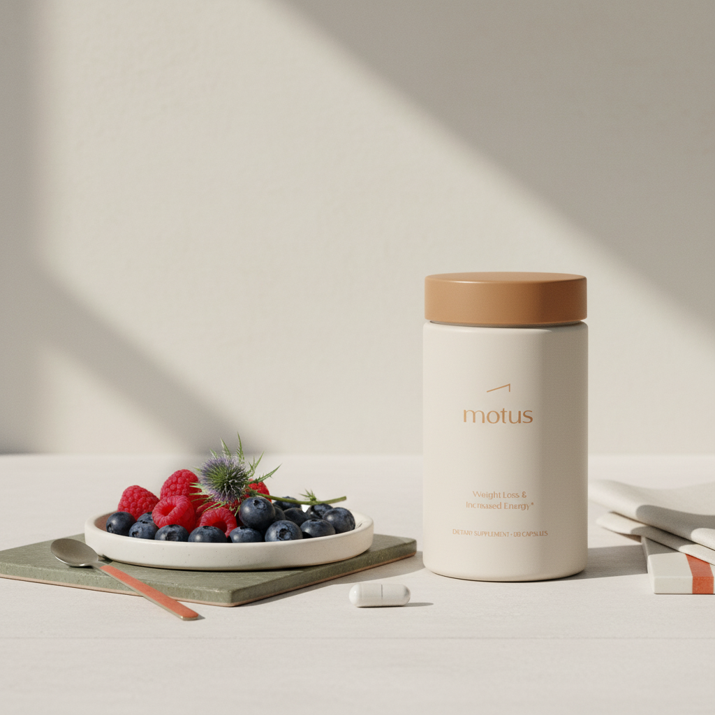 Minimalist kitchen scene with Tonum Motus supplement jar beside berries, a milk thistle sprig and a capsule, illustrating the fastest diet plan to lose weight.