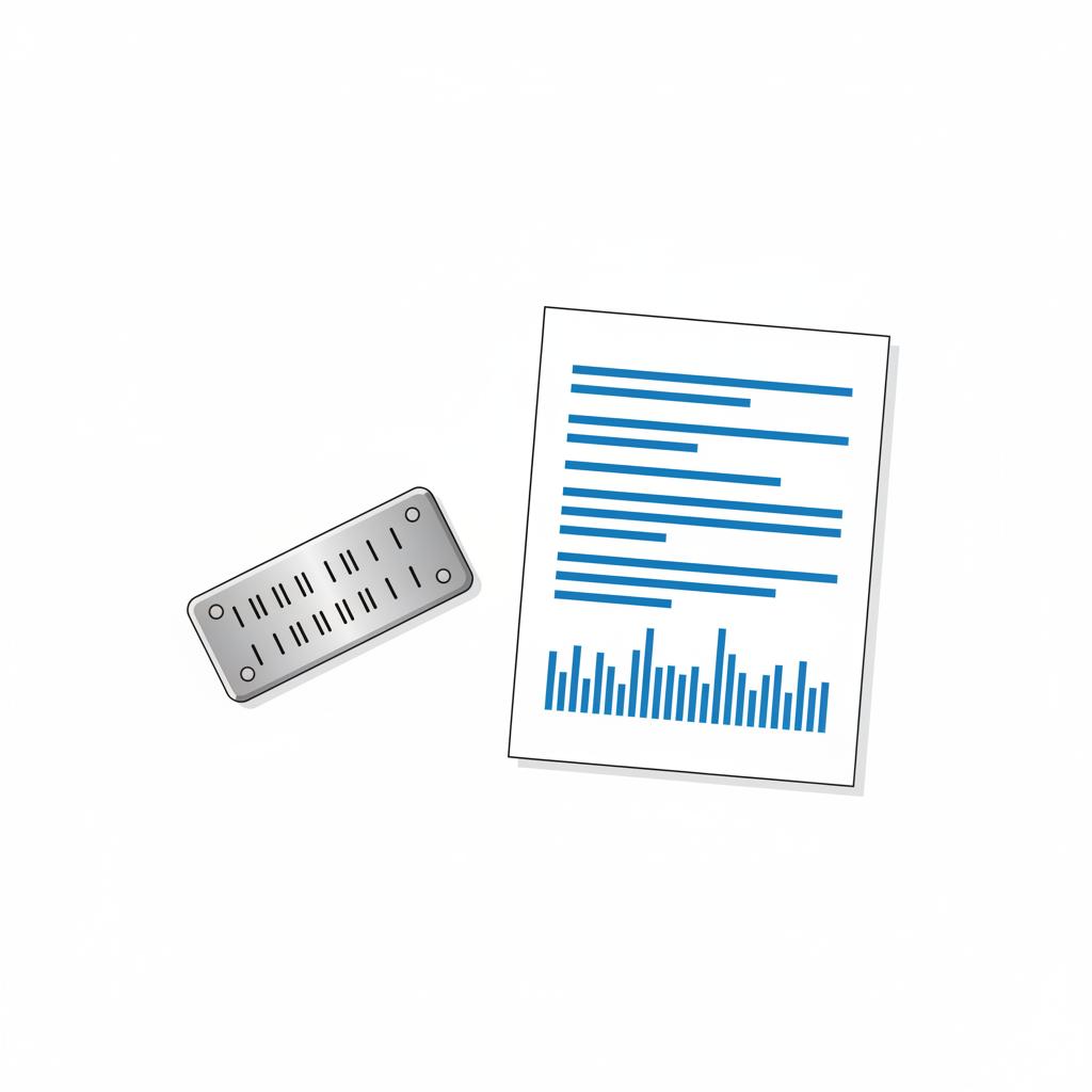 Minimalist vector close up of a VIN plate and vehicle history report on a white table suggesting verification steps bmw x5 for sale