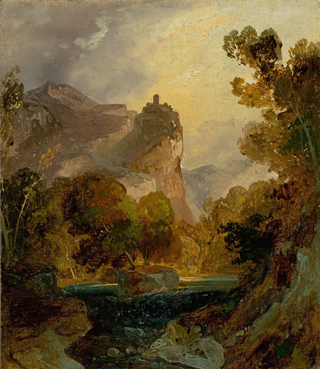 View of a river valley in the mountains with a castle on a high rock before 1822