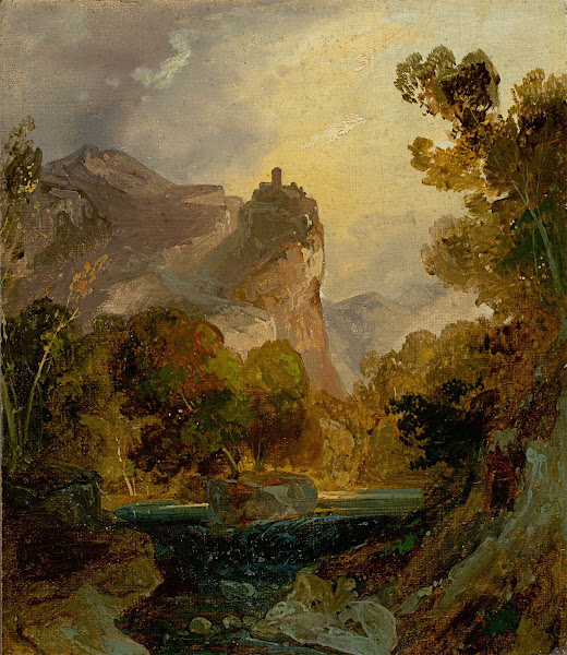 View of a river valley in the mountains with a castle on a high rock before 1822