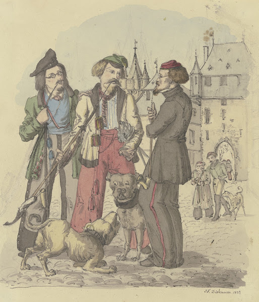Drei rauchende Studenten mit zwei Hunden 1829