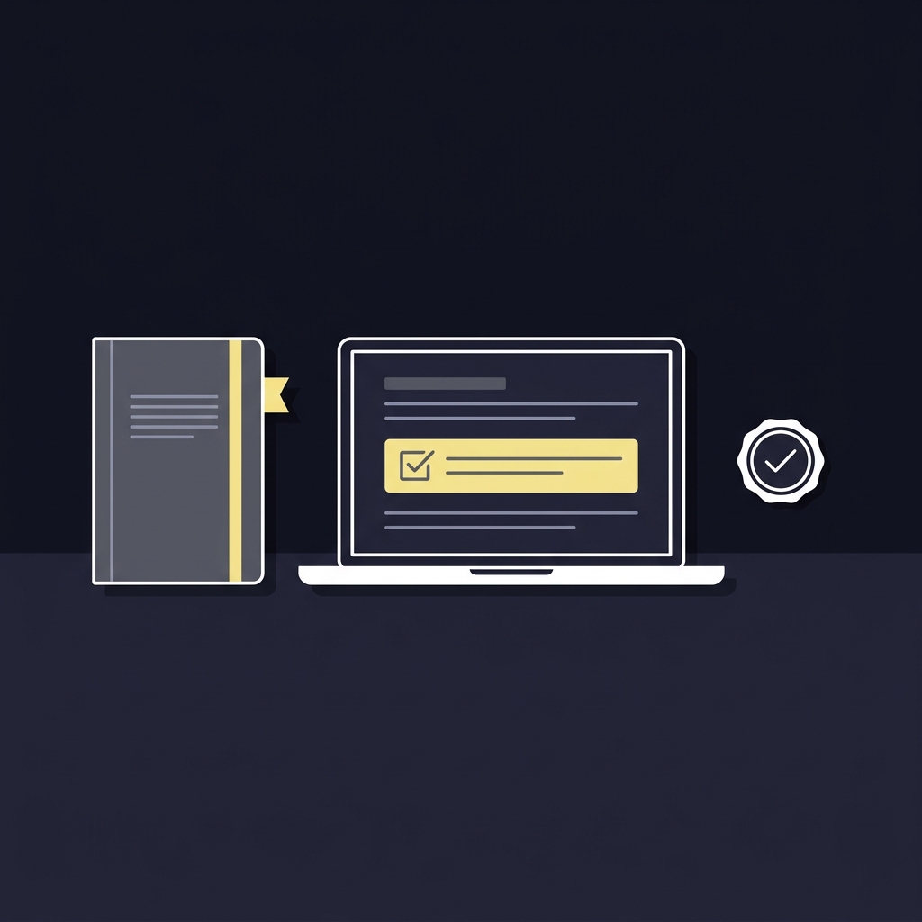 Minimal 2D vector desktop with budgeting notebook laptop showing simplified terms layout and small compliance seal clean Funded Plays style colors mystake sportsbook
