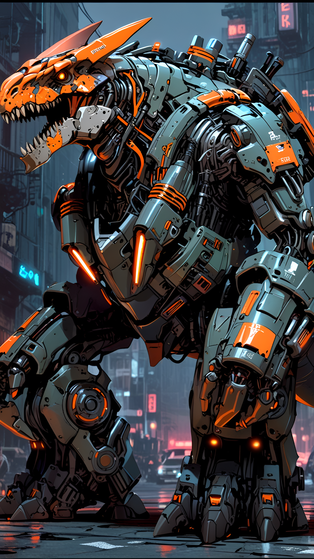 Cyberpunk Mecha Dinosaur T Rex City Street Art - Free 4K mobile Wallpaper