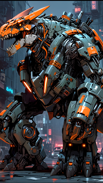 Cyberpunk Mecha Dinosaur T Rex City Street Art - Free mobile Wallpaper