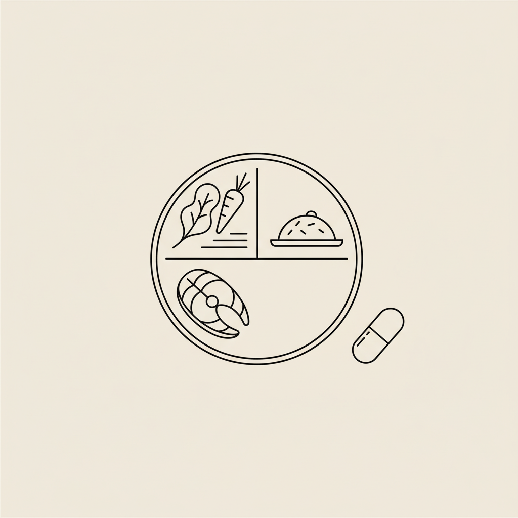 Minimalist Tonum-style line illustration of a plate with vegetables, palm-sized protein, small grains and a capsule representing balanced portions to lose 7 pounds in 2 weeks