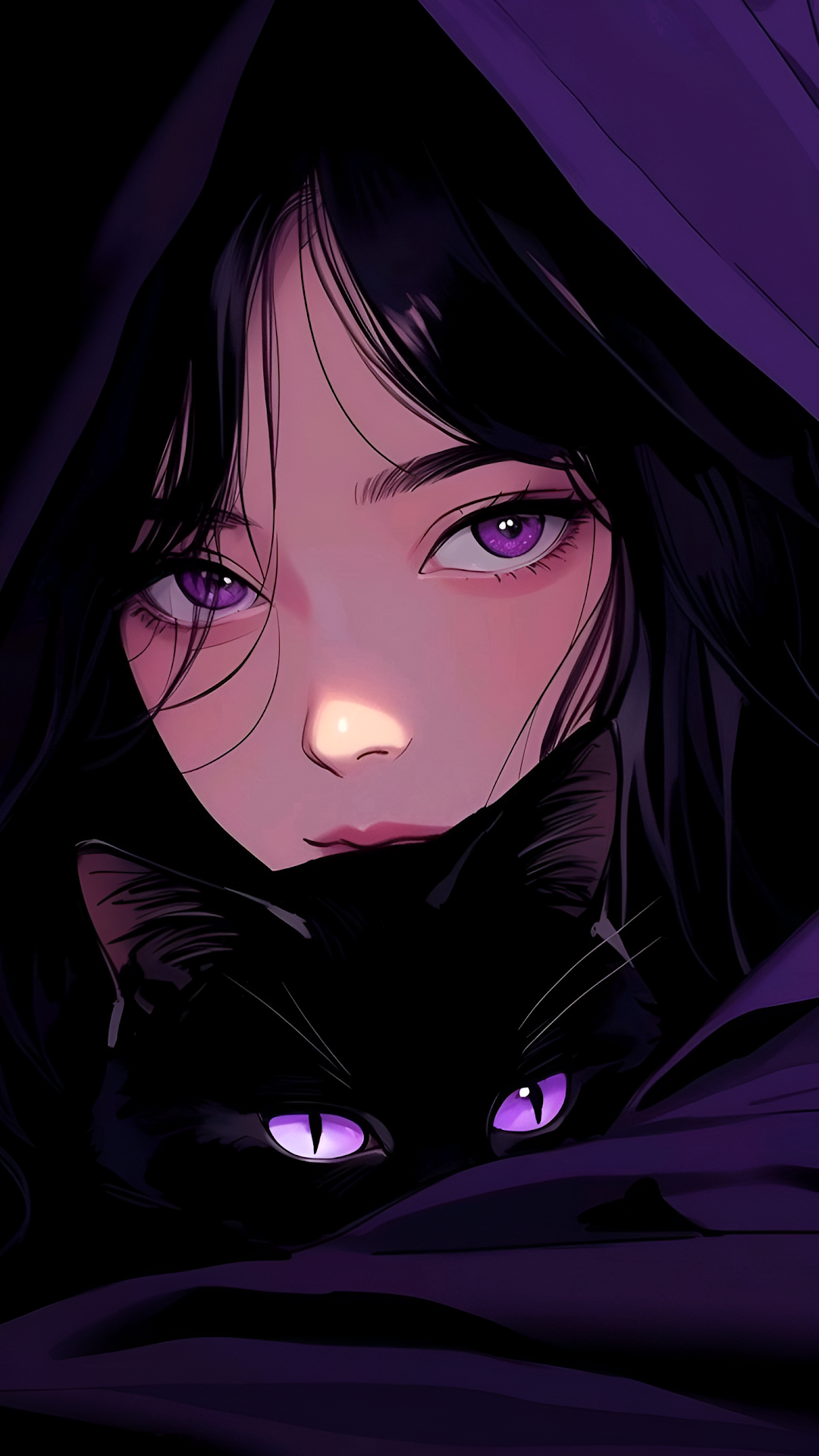 Dark Anime Portrait: Girl and Cat with Intense Purple Eyes - Free 4K mobile Wallpaper