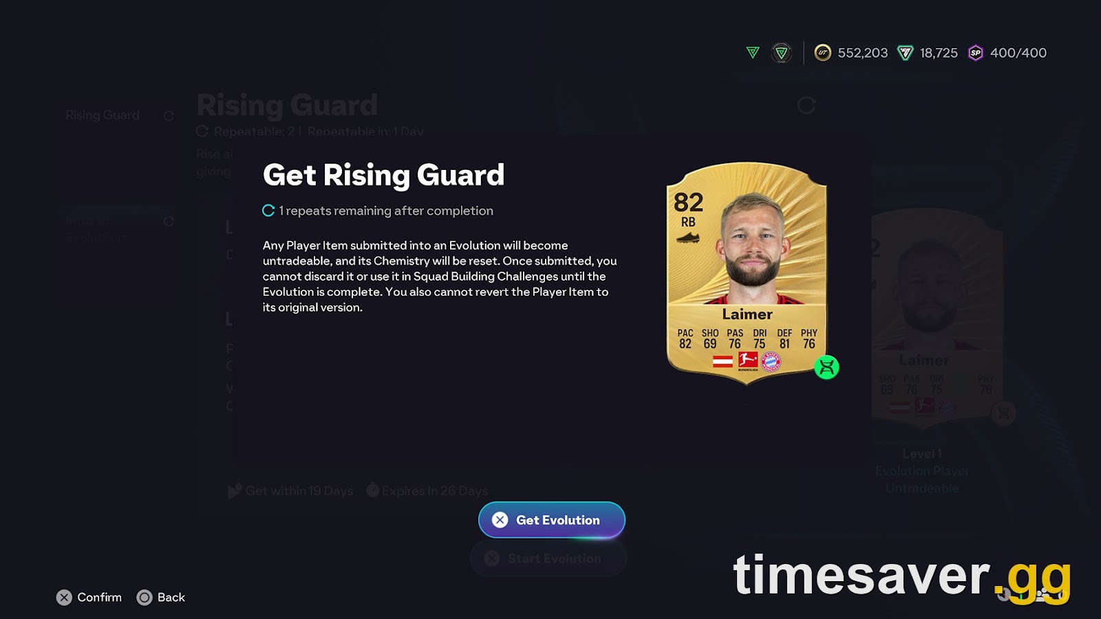 EA FC 26 Ultimate Team Evolutions menu showing the Get Evolution submission screen