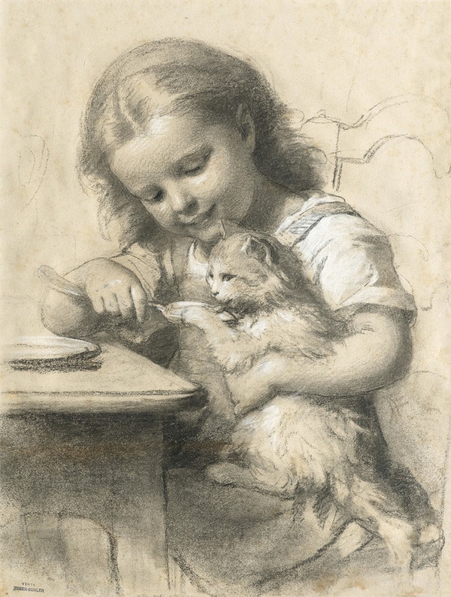 Mädchen beim Füttern einer Katze before 1896