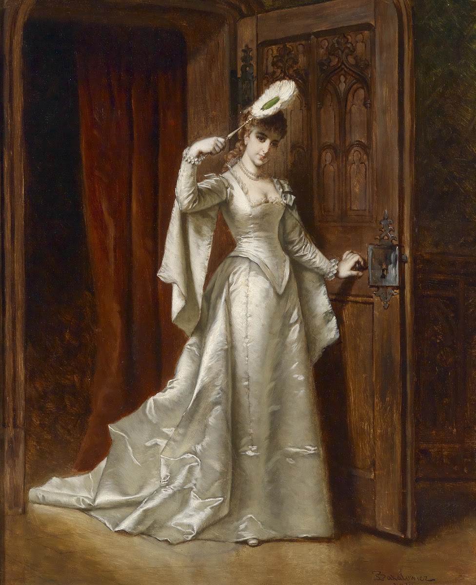 Elegante Dame in weißem Damastkleid