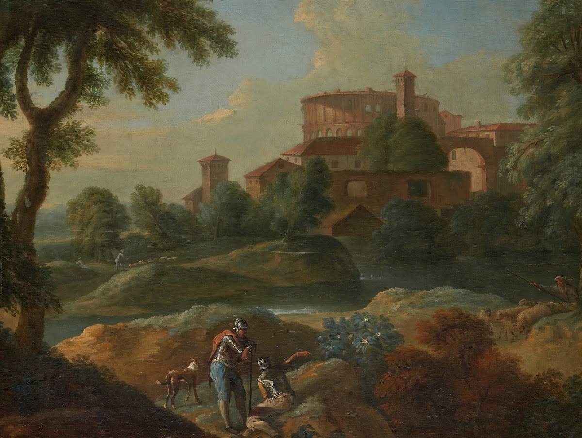 Landscape With Soldiers And Dogs Near A River A Town In The Distance