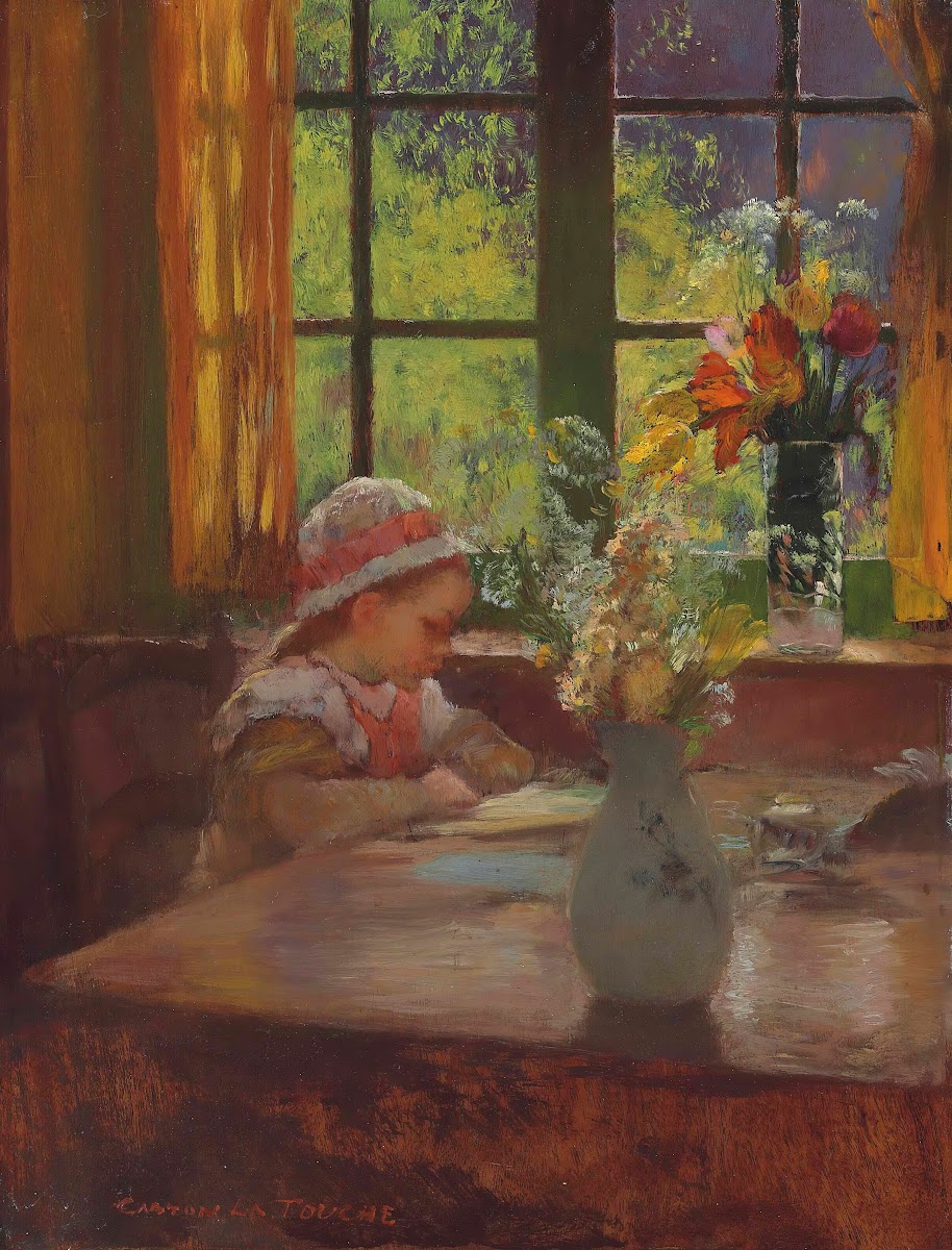 A young girl with bonnet reading by a window