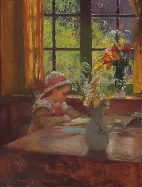 A young girl with bonnet reading by a window