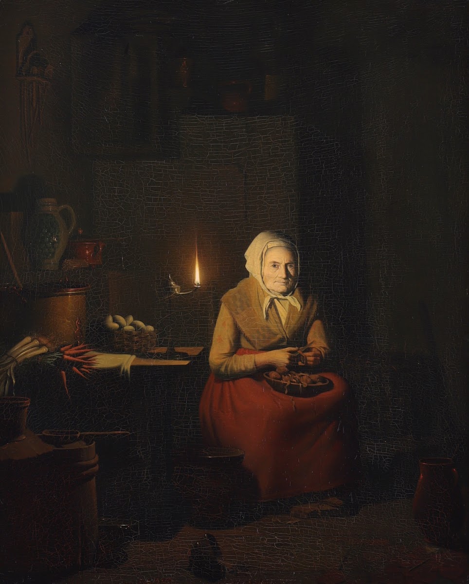 A Woman Preparing a Meal by Candlelight