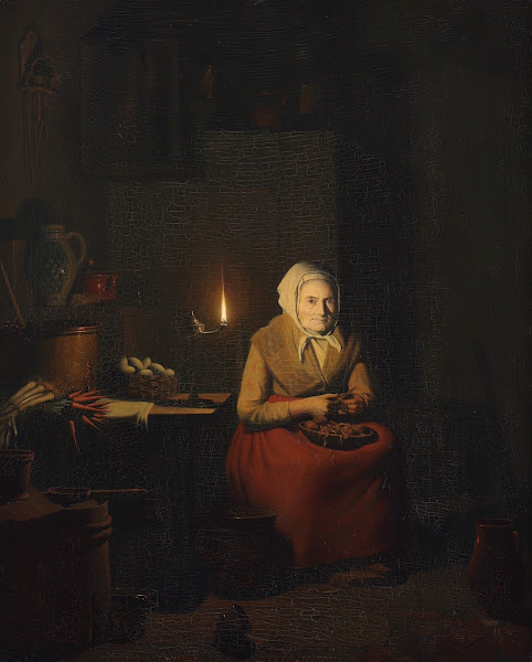 A Woman Preparing a Meal by Candlelight