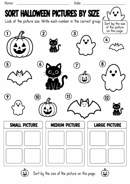 Halloween Picture Size Sorting Worksheet