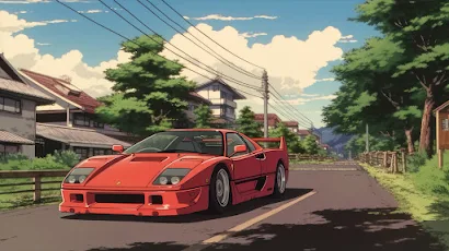 Ghibli Style Ferrari F40 4K Wallpaper Background