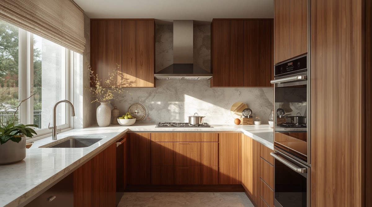 How to Mix Chrome Kitchen Decor With Warm Wood Cabinets - chrome decorative objects arranged on a warm wood console