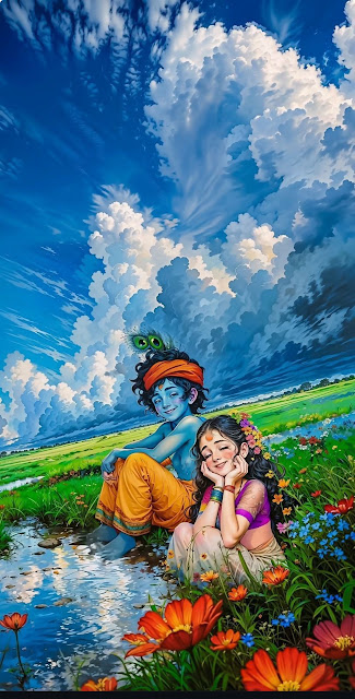 Radha Krishna Meadow Illustration Divine Love Art - Free mobile Wallpaper
