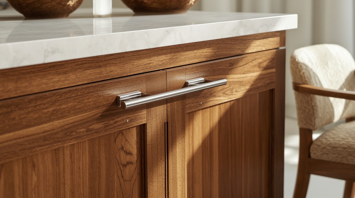 How to Pair Chrome Hardware With Warm Wood Cabinets - chrome side table beside walnut furniture in a living room