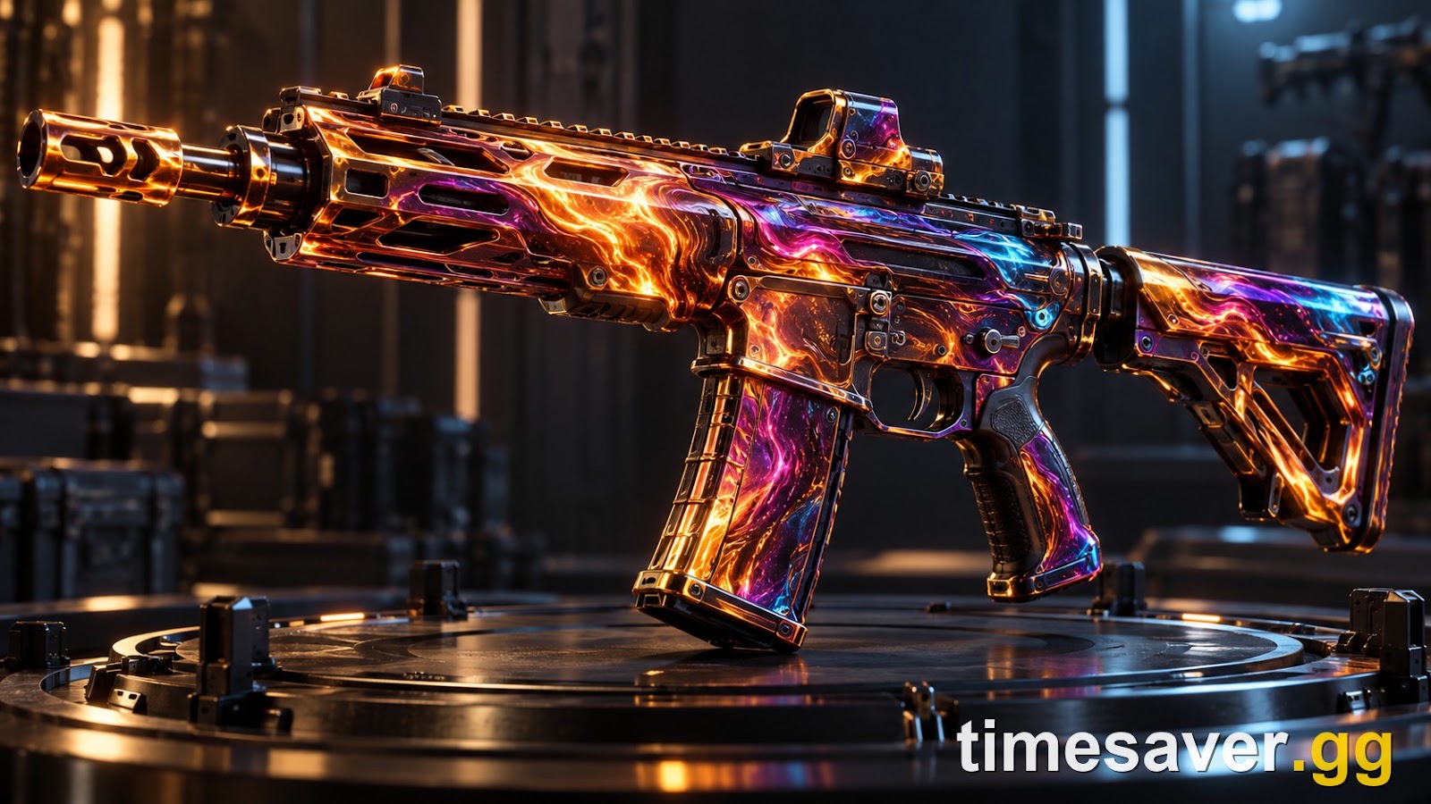 A weapon wearing a glowing molten-metallic mastery-style finish on an inspection stand — illustrative of MW4's high-tier Mastery camo look