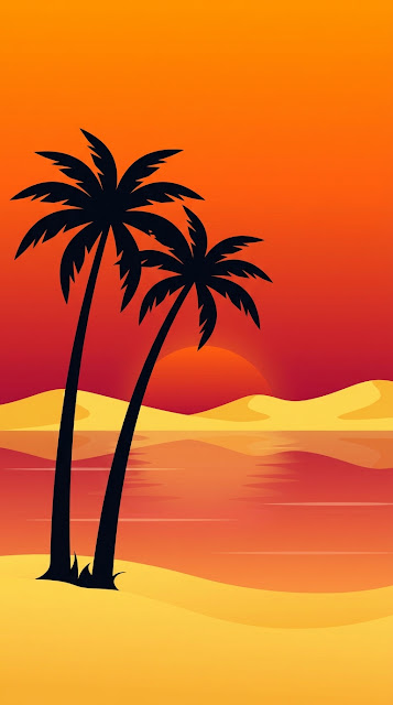 Minimalist Beach Sunset with Abstract Dunes and Palm Tree Silhouettes - Free mobile Wallpaper