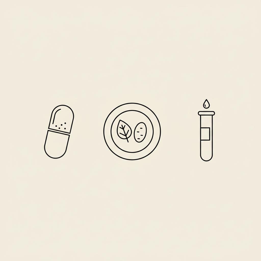 Minimalist 2D vector line illustration of a capsule, balanced plate meal, and lab vial on a beige background representing the best supplement for insulin resistance.