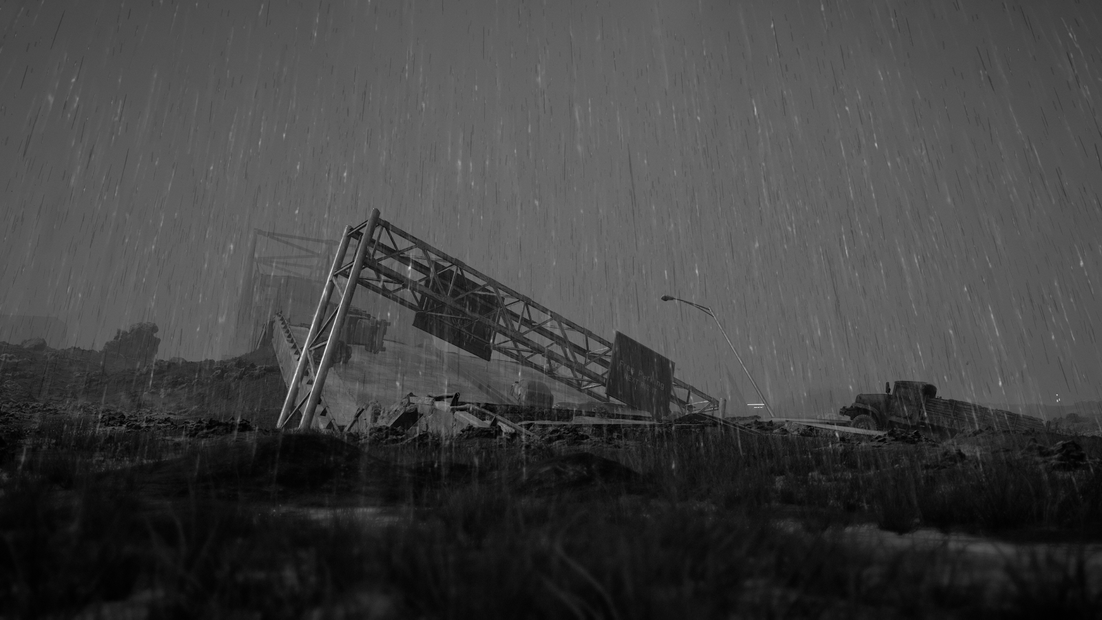 Collapsed Highway In Heavy Rain - Cinematic Digital Art 4K Wallpaper (3840x2160)